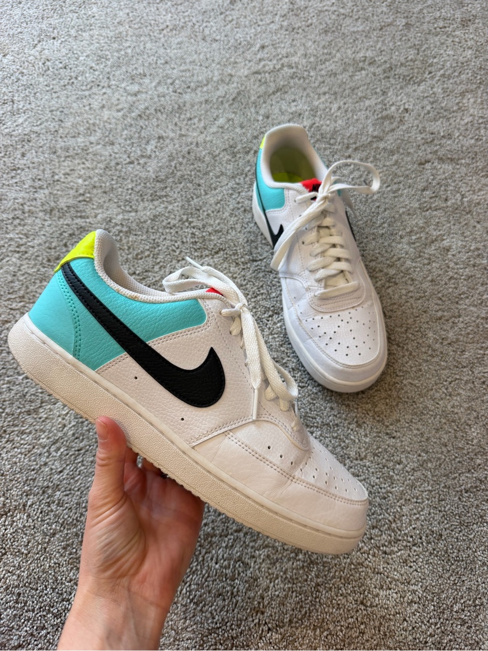 Women’s Nike White Low-Top Sneakers with Neon Accents- Size 10
